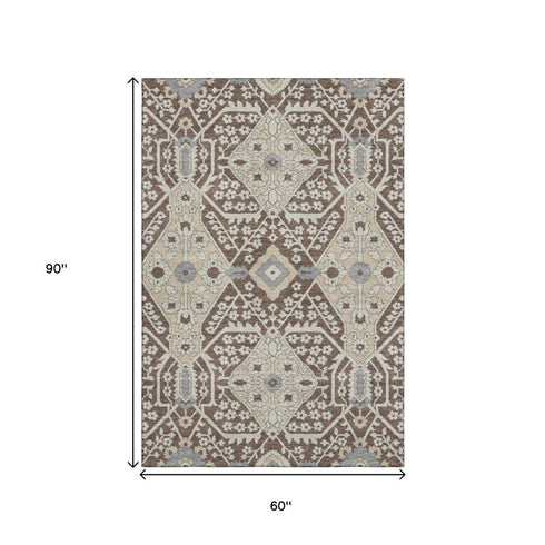 5' X 8' Chocolate Gray And Beige Floral Washable Area Rug With UV Protection