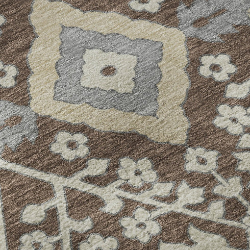 5' X 8' Chocolate Gray And Beige Floral Washable Area Rug With UV Protection