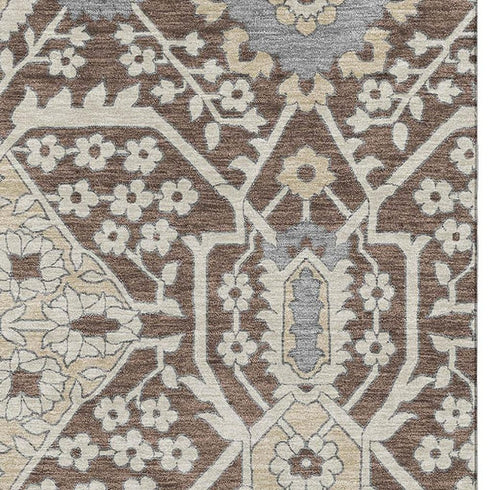 5' X 8' Chocolate Gray And Beige Floral Washable Area Rug With UV Protection