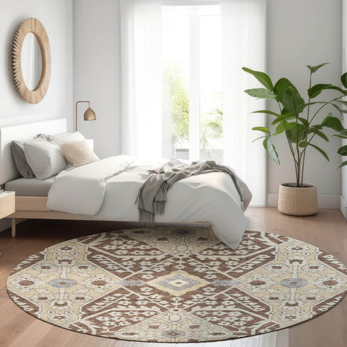 8' Chocolate Gray And Beige Floral Washable Round Rug With UV Protection