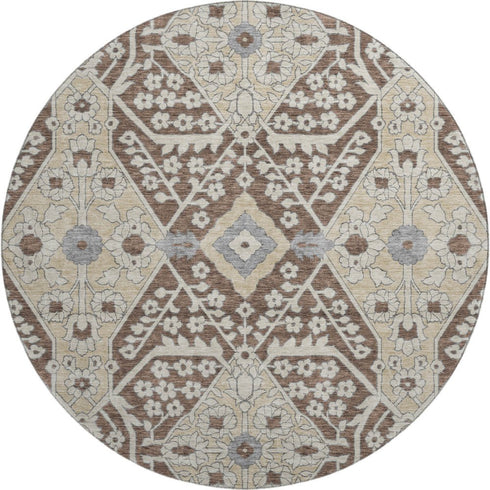 8' Chocolate Gray And Beige Floral Washable Round Rug With UV Protection