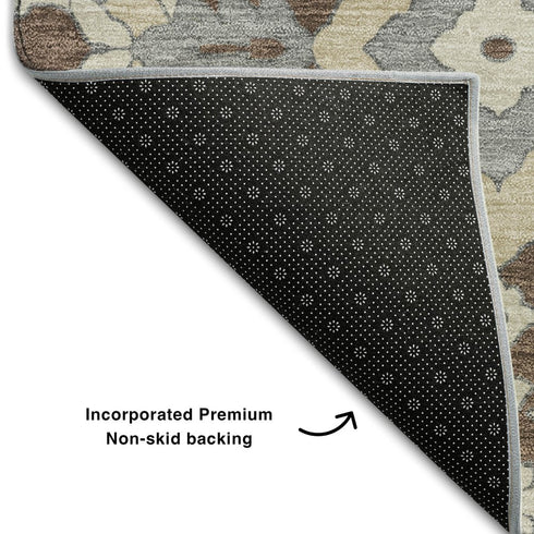 8' Chocolate Gray And Beige Floral Washable Round Rug With UV Protection