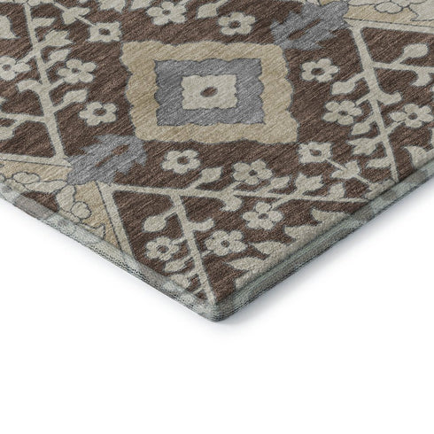 8' Chocolate Gray And Beige Floral Washable Round Rug With UV Protection