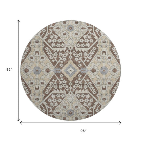 8' Chocolate Gray And Beige Floral Washable Round Rug With UV Protection