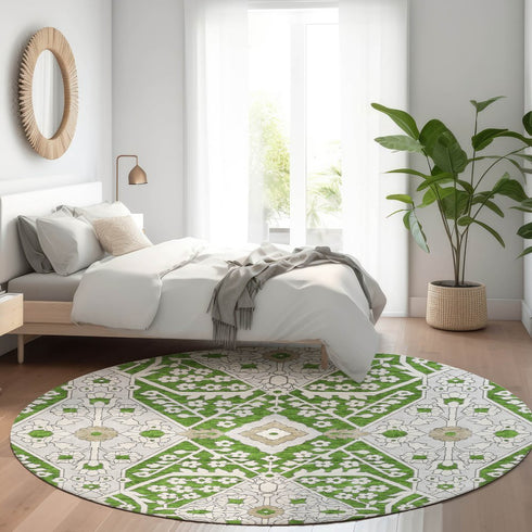 8' X 10' Green Ivory And Gray Floral Washable Area Rug With UV Protection
