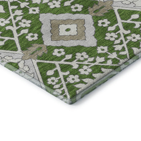 8' X 10' Green Ivory And Gray Floral Washable Area Rug With UV Protection