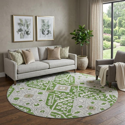 8' X 10' Green Ivory And Gray Floral Washable Area Rug With UV Protection