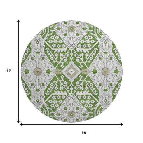 8' X 10' Green Ivory And Gray Floral Washable Area Rug With UV Protection
