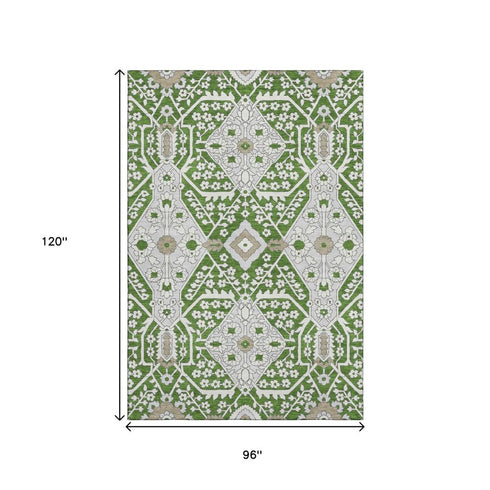 8' X 10' Green Ivory And Gray Floral Washable Area Rug With UV Protection