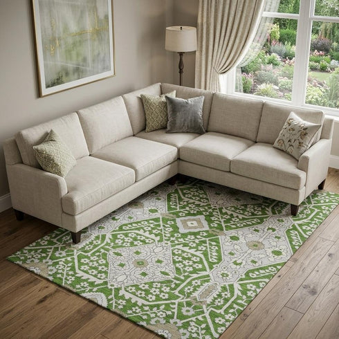 8' X 10' Green Ivory And Gray Floral Washable Area Rug With UV Protection