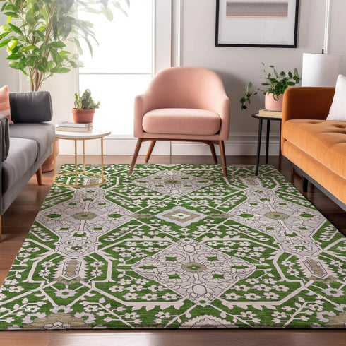 8' X 10' Green Ivory And Gray Floral Washable Area Rug With UV Protection