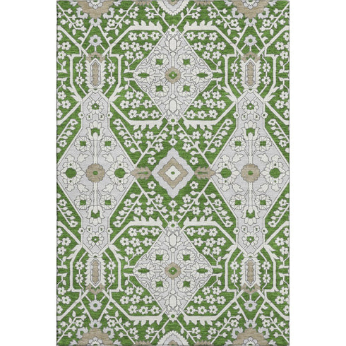 8' X 10' Green Ivory And Gray Floral Washable Area Rug With UV Protection