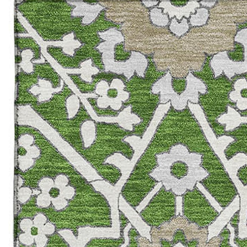 8' X 10' Green Ivory And Gray Floral Washable Area Rug With UV Protection