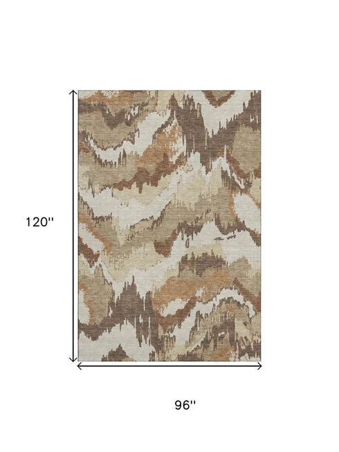 8' X 10' Chocolate Ivory And Beige Abstract Washable Area Rug With UV Protection