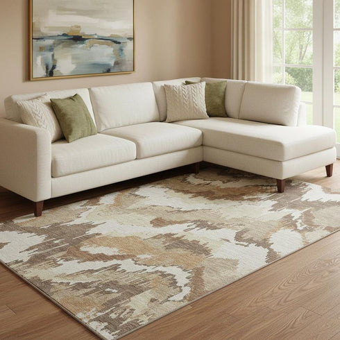 8' X 10' Chocolate Ivory And Beige Abstract Washable Area Rug With UV Protection