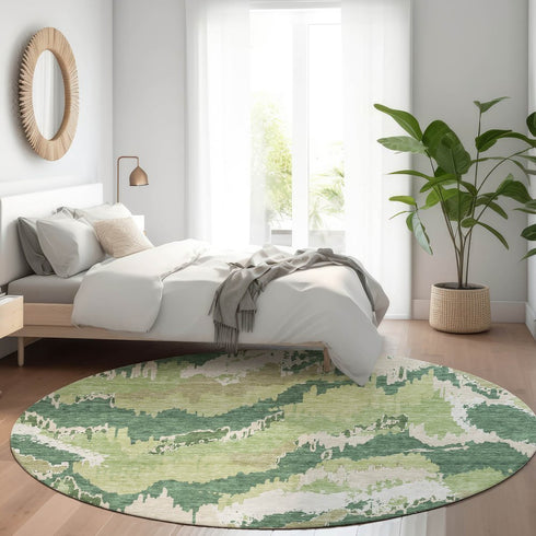 8' Green Ivory And Beige Abstract Washable Round Rug With UV Protection