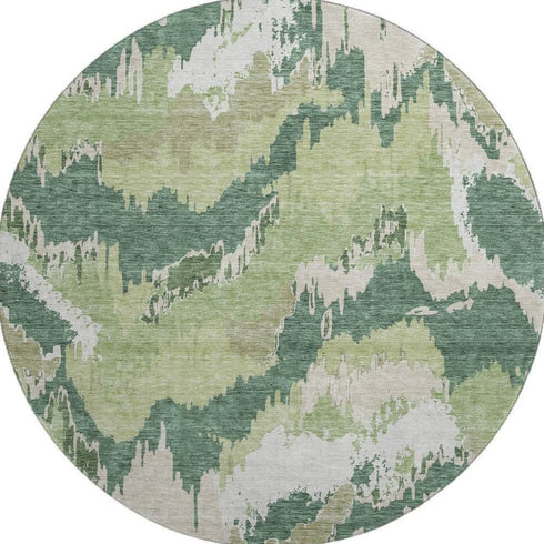 8' Green Ivory And Beige Abstract Washable Round Rug With UV Protection