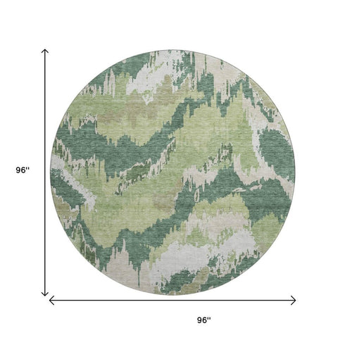 8' Green Ivory And Beige Abstract Washable Round Rug With UV Protection