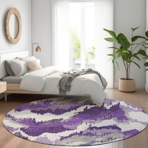 8' Purple Ivory And Gray Abstract Washable Round Rug With UV Protection