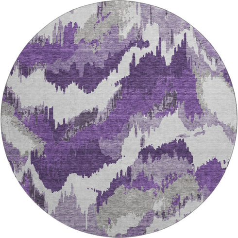 8' Purple Ivory And Gray Abstract Washable Round Rug With UV Protection