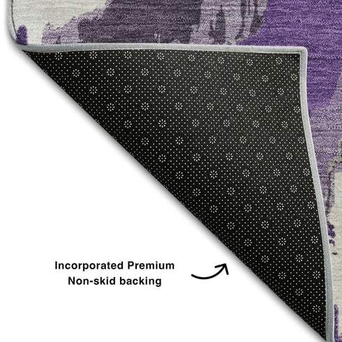 8' Purple Ivory And Gray Abstract Washable Round Rug With UV Protection