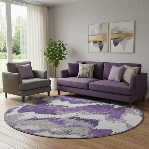 8' Purple Ivory And Gray Abstract Washable Round Rug With UV Protection
