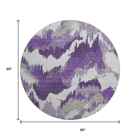 8' Purple Ivory And Gray Abstract Washable Round Rug With UV Protection