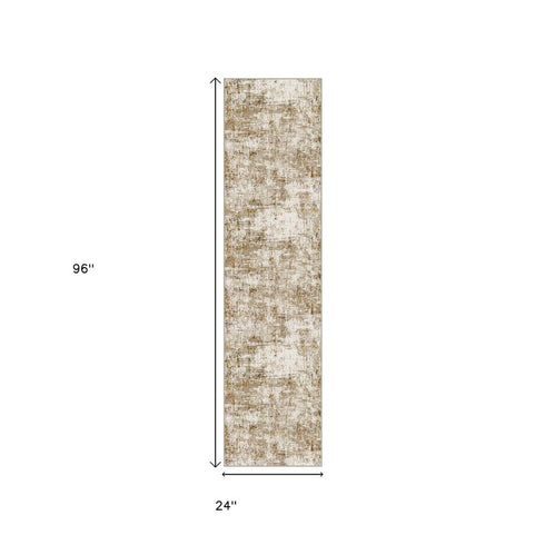 8' Brown And Ivory Abstract Washable Runner Rug