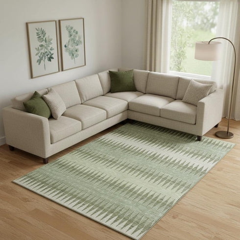 8' X 10' Artichoke Green And Beige Striped Washable Area Rug With UV Protection
