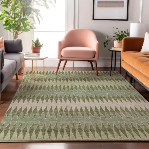 9' X 12' Artichoke Green And Beige Striped Washable Area Rug With UV Protection