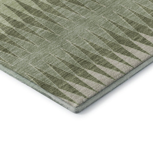 9' X 12' Artichoke Green And Beige Striped Washable Area Rug With UV Protection