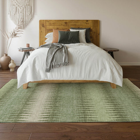 9' X 12' Artichoke Green And Beige Striped Washable Area Rug With UV Protection