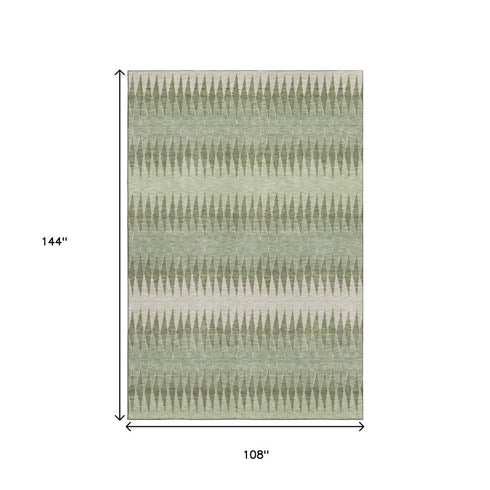 9' X 12' Artichoke Green And Beige Striped Washable Area Rug With UV Protection