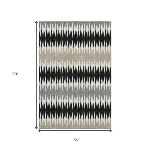5' X 8' Black Gray And Ivory Striped Washable Area Rug With UV Protection