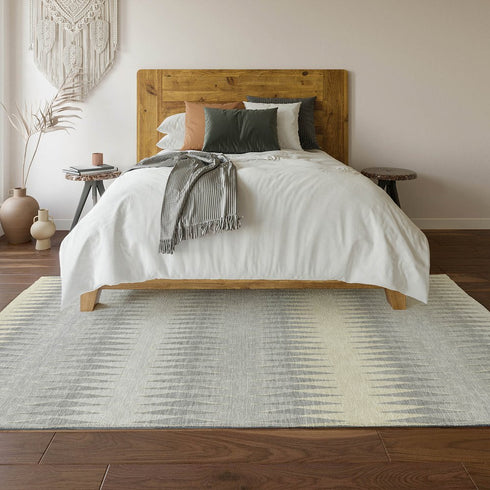8' X 10' Silver Ivory And Gray Striped Washable Area Rug With UV Protection