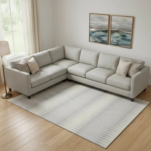 8' X 10' Silver Ivory And Gray Striped Washable Area Rug With UV Protection