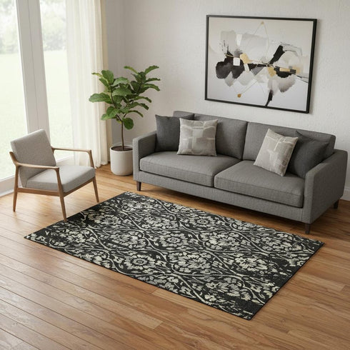 5' X 8' Black Gray And Beige Floral Washable Area Rug With UV Protection