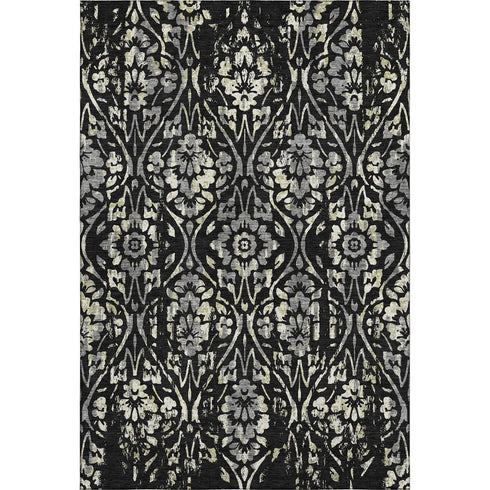 5' X 8' Black Gray And Beige Floral Washable Area Rug With UV Protection