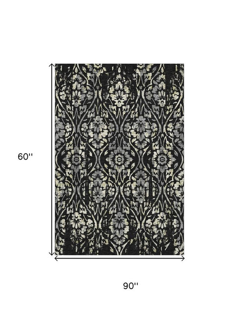 5' X 8' Black Gray And Beige Floral Washable Area Rug With UV Protection