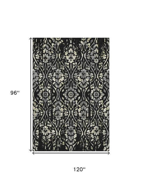 8' X 10' Black Gray And Beige Floral Washable Area Rug With UV Protection