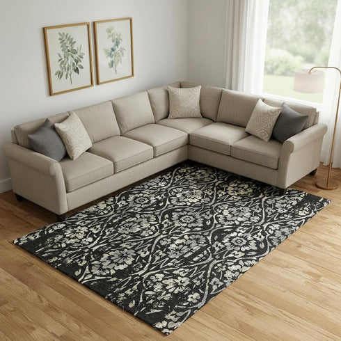 8' X 10' Black Gray And Beige Floral Washable Area Rug With UV Protection