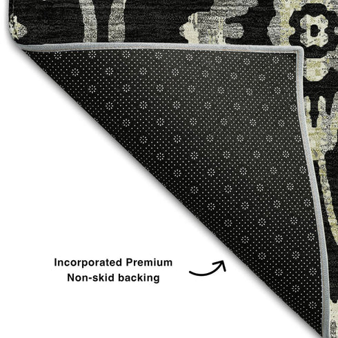 8' X 10' Black Gray And Beige Floral Washable Area Rug With UV Protection