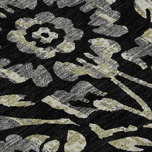 8' X 10' Black Gray And Beige Floral Washable Area Rug With UV Protection