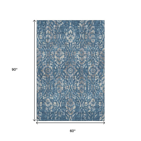 5' X 8' Blue And Gray Floral Washable Area Rug With UV Protection