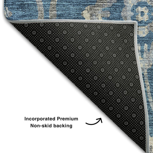 5' X 8' Blue And Gray Floral Washable Area Rug With UV Protection