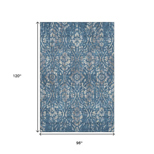 8' X 10' Blue And Gray Floral Washable Area Rug With UV Protection