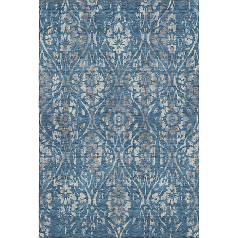 8' X 10' Blue And Gray Floral Washable Area Rug With UV Protection