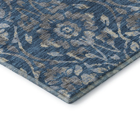 8' X 10' Blue And Gray Floral Washable Area Rug With UV Protection