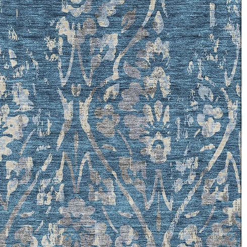 8' X 10' Blue And Gray Floral Washable Area Rug With UV Protection