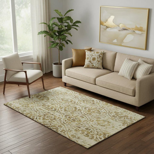 5' X 8' Gold And Beige Floral Washable Area Rug With UV Protection